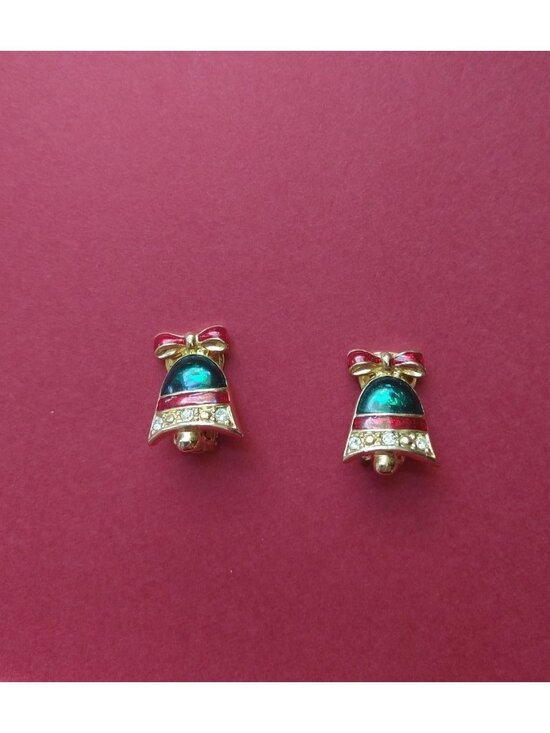 Vintage Christmas Bell Clip On Earrings Holiday Retro Estate Jewelry - Picture 1 of 8